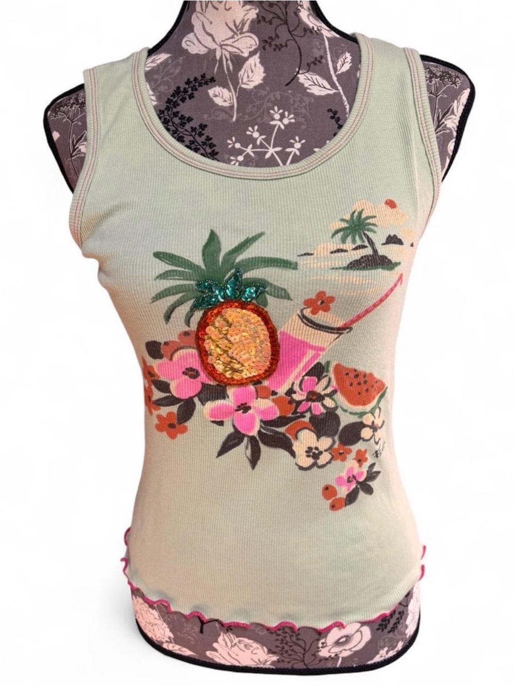Y2k Vintage FANG Green Ribbed Tank Beachy Sequin Glitter Hawaiian Women’s Large